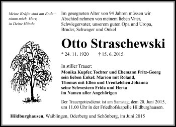 Traueranzeige von Otto Straschewski von Südthüringer Presse