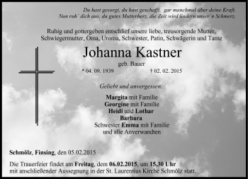 Traueranzeige von Johanna Kastner von Neue Presse Coburg