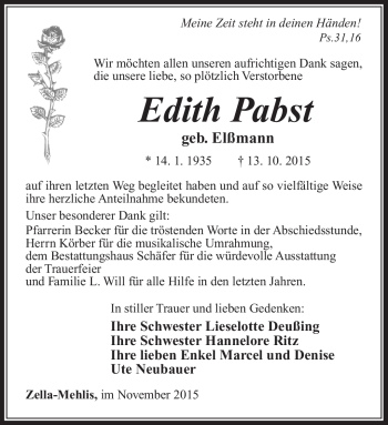 Traueranzeige von Edith Pabst von Südthüringer Presse