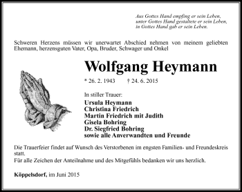 Traueranzeige von Wolfgang Heymann von Südthüringer Presse