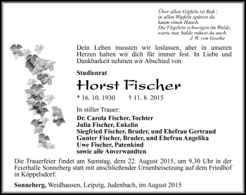 Traueranzeige von Horst Fischer von Südthüringer Presse