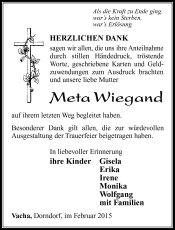 Traueranzeige von Meta Wiegand von Südthüringer Presse