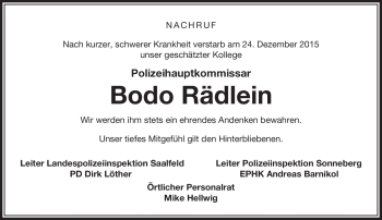 Traueranzeige von Bodo Rädlein von Südthüringer Presse