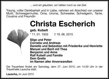 Traueranzeige von Christa Escherich von Südthüringer Presse