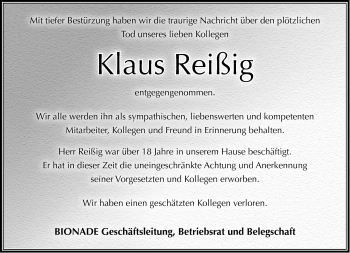 Traueranzeige von Klaus Reißig von Südthüringer Presse
