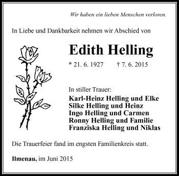 Traueranzeige von Edith Helling von Südthüringer Presse