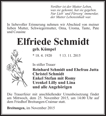 Traueranzeige von Elfriede Schmidt von Südthüringer Presse