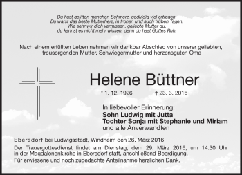 Traueranzeige von Helene Büttner von Neue Presse Coburg