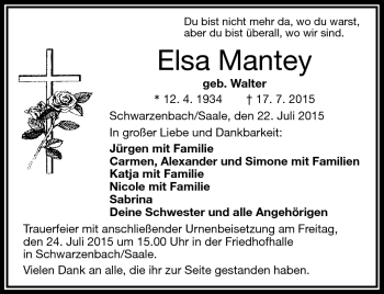 Traueranzeige von Elsa Mantey von Frankenpost