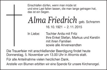 Traueranzeige von Alma Friedrich von Frankenpost