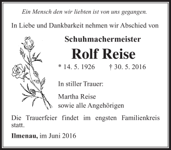 Traueranzeige von Rolf Reise von Südthüringer Presse