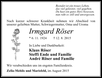 Traueranzeige von Irmgard Röser von Südthüringer Presse