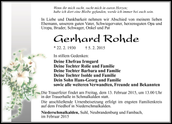 Traueranzeige von Gerhard Rohde von Südthüringer Presse