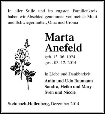Traueranzeige von Marta Anefeld von Südthüringer Presse