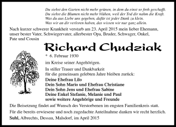 Traueranzeige von Richard Chudziak von Südthüringer Presse