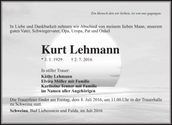 Traueranzeige von Kurt Lehmann von Südthüringer Presse