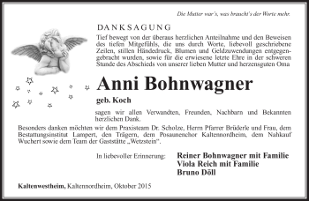 Traueranzeige von Anni Bohnwagner von Südthüringer Presse