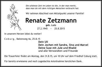 Traueranzeige von Renate Zetzmann von Neue Presse Coburg