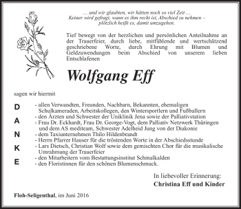 Traueranzeige von Wolfgang Eff von Südthüringer Presse