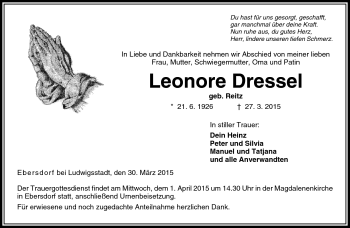 Traueranzeige von Leonore Dressel von Neue Presse Coburg