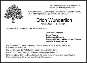 Traueranzeige von Erich Wunderlich von Frankenpost