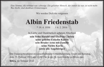 Traueranzeige von Albin Friedenstab von Südthüringer Presse