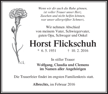 Traueranzeige von Horst Flickschuh von Südthüringer Presse