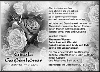 Traueranzeige von Gisela Geißenhöhner von Südthüringer Presse