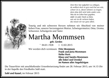 Traueranzeige von mARTHA mOMMSEN von Südthüringer Presse
