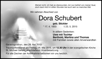 Traueranzeige von Dora Schubert von Neue Presse Coburg