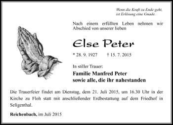 Traueranzeige von Else Peter von Südthüringer Presse