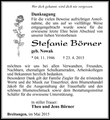 Traueranzeige von Stefanie Börner von Südthüringer Presse