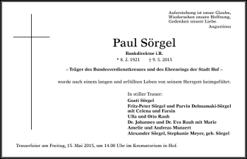 Traueranzeige von Paul Sörgel von Frankenpost