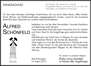 Traueranzeige von Alfred Schönfeld von Südthüringer Presse