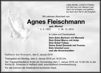 Traueranzeige von Agnes Fleischmann von Neue Presse Coburg