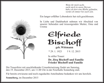 Traueranzeige von Elfriede Bischoff von Südthüringer Presse