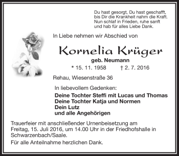 Traueranzeige von Kornelia Krüger von Frankenpost