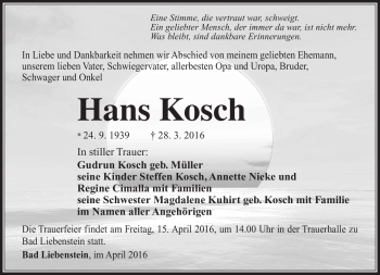 Traueranzeige von Hans Kosch von Südthüringer Presse