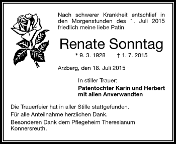 Traueranzeige von Renate Sonntag von Frankenpost