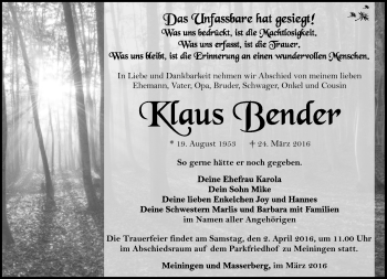 Traueranzeige von Klaus Bender von Südthüringer Presse