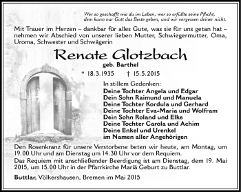 Traueranzeige von Renate Glotzbach von Südthüringer Presse