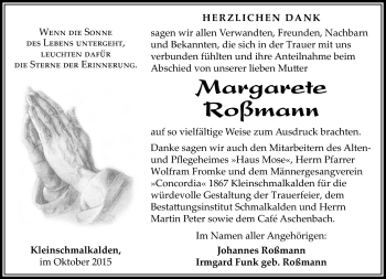 Traueranzeige von Margarete Roßmann von Südthüringer Presse