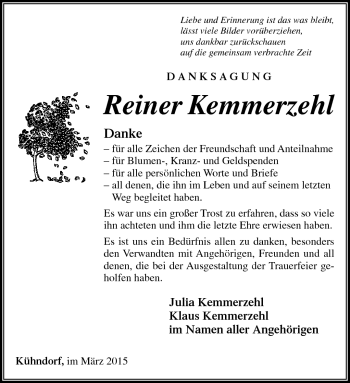 Traueranzeige von Reiner Kemmerzehl von Südthüringer Presse
