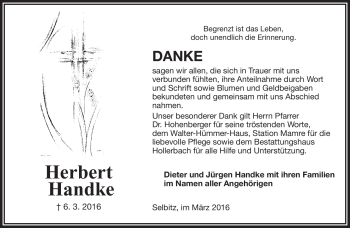 Traueranzeige von Herbert Handke von Frankenpost