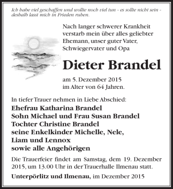 Traueranzeige von Dieter Brandel von Südthüringer Presse