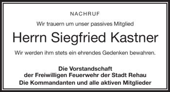 Traueranzeige von Siegfried Kastner von Frankenpost