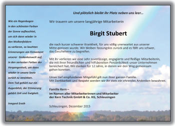Traueranzeige von Birgit Stubert von Südthüringer Presse