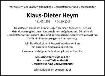 Traueranzeige von Klaus-Dieter Heym von Südthüringer Presse