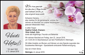 Traueranzeige von Heidi Hofseß von Südthüringer Presse