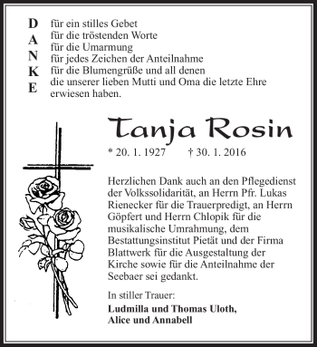 Traueranzeige von Tanja Rosin von Südthüringer Presse